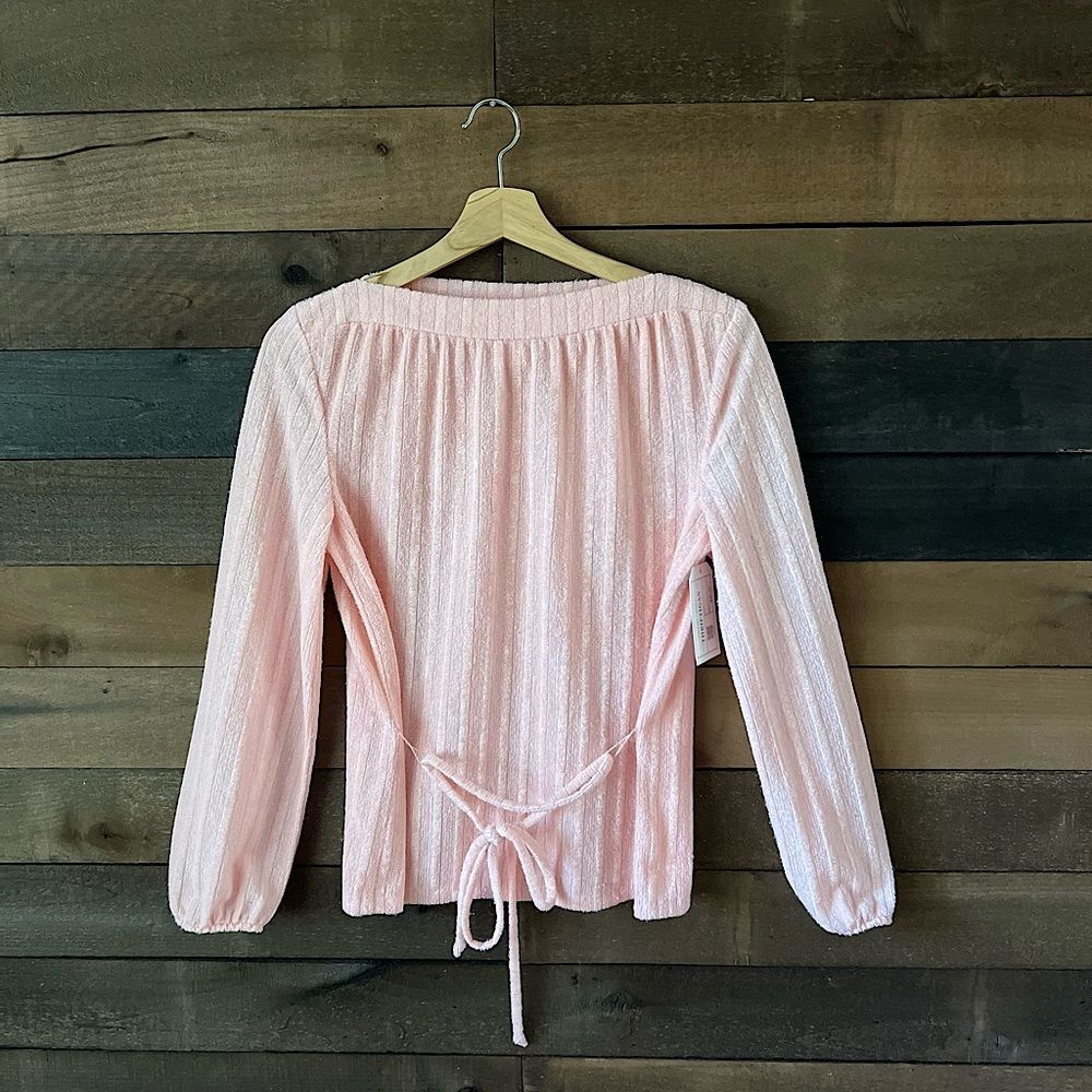 Vintage Terry Cloth Towel Long Sleeve Pink Tie Waist Top